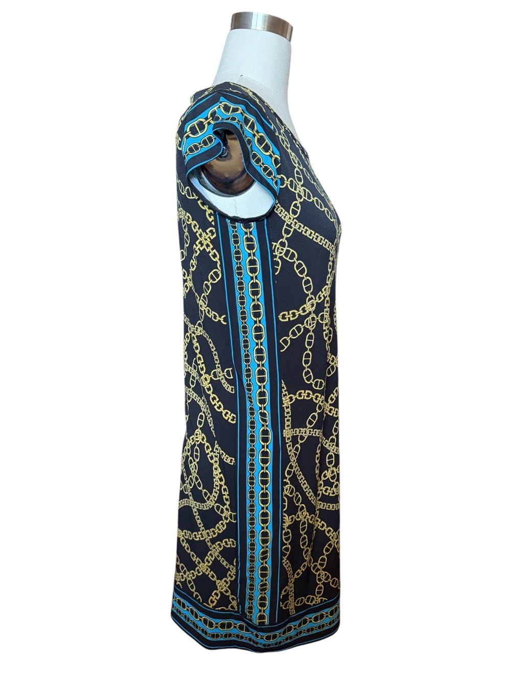 Michael Kors Black & Gold Chain-Print Cap-Sleeve Mini Dress with Teal Trim - Picture 3 of 8